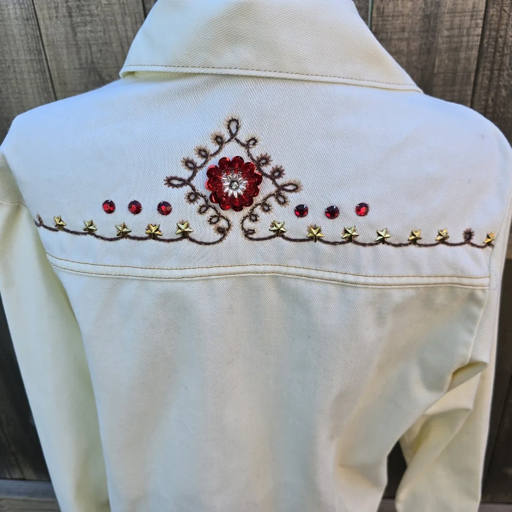 Western Jacket Womens Medium White Embroidered Floral Sequin Stud Button Up - Picture 7 of 16